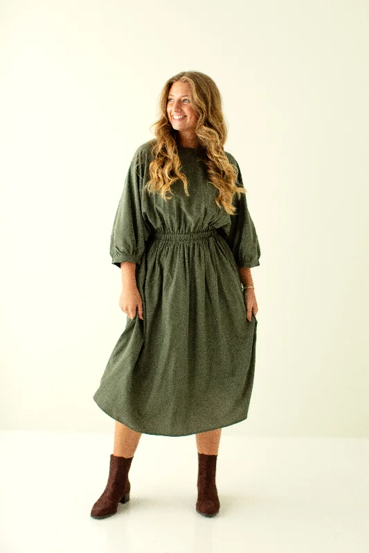 ladies-midi-dress-scoop-simplicity-'Maxine' Dolman Quarter Sleeve Midi Dress in Olive