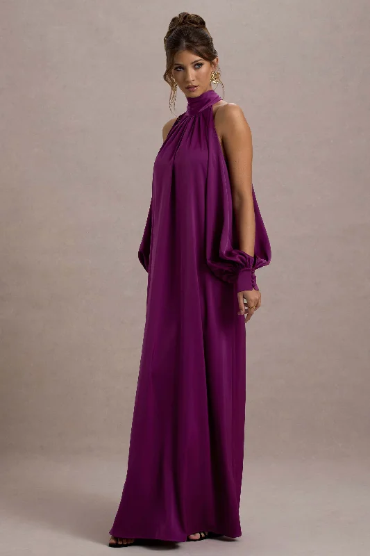 ladies-maxi-dress-gold-glow-Baila | Mulberry Satin High-Neck Cape-Sleeve Maxi Dress