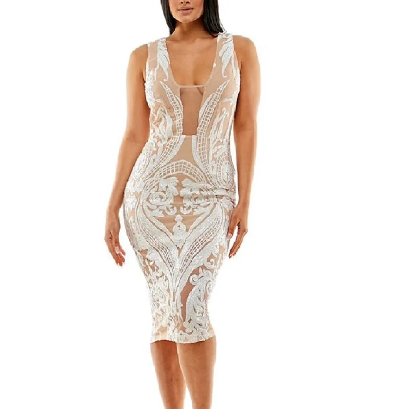 ladies-bodycon-dress-elegant-edge-Bebe Women's Sequined Illusion Bodycon Midi Dress White Size X-Large