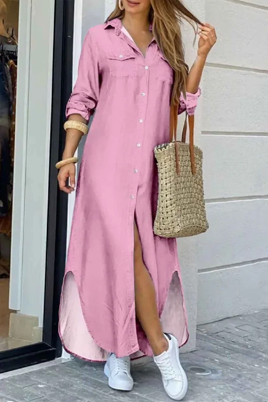 Women's shirt dress roar pop -TastyHottie - Long Sleeve Button Up Pocket Shirt Dress