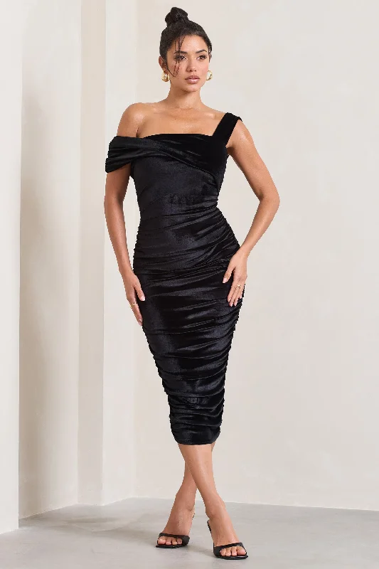 ladies-midi-dress-formal-finesse-Daniela | Black Velvet One Shoulder Ruched Midi Dress