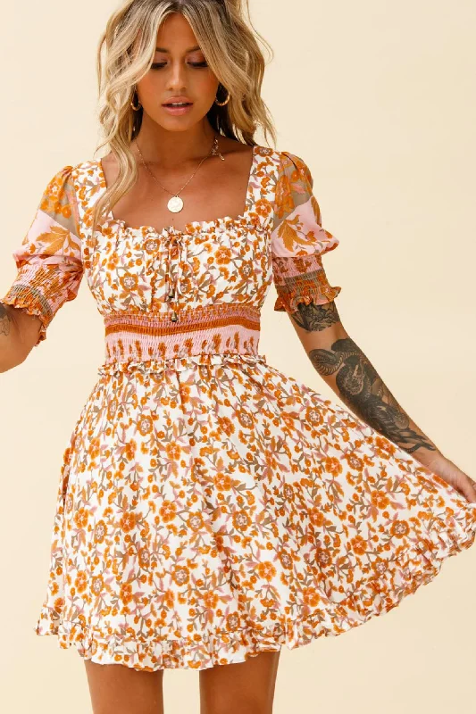 ladies-floral-dress-one-shoulder-orchid-Summer In Paris Puff Sleeve Open Back Dress Floral Print White/Pink