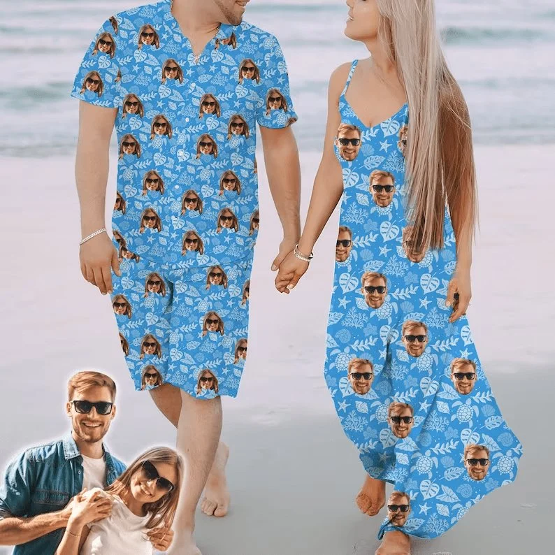 Women's shirt dress slit flair -Couple Hawaiian Dress Set Cruise Outfit Custom Face Blue Ocean Hawaiian Shirt Set&Dress