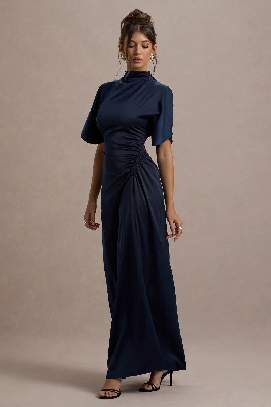 ladies-maxi-dress-purple-prance-Audley | Navy Satin High-Neck Flutter-Sleeve Maxi Dress