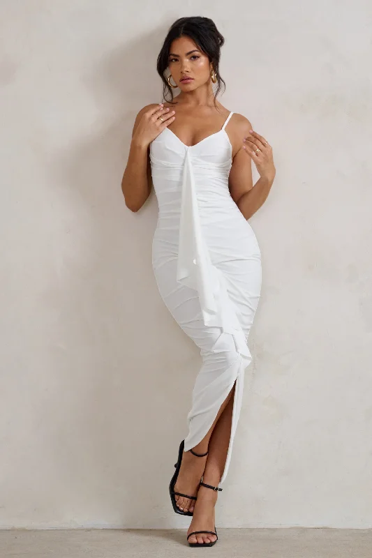 ladies-midi-dress-limited-luxe-Dorothy | White Plunge V Neckline Ruffle Midi Dress