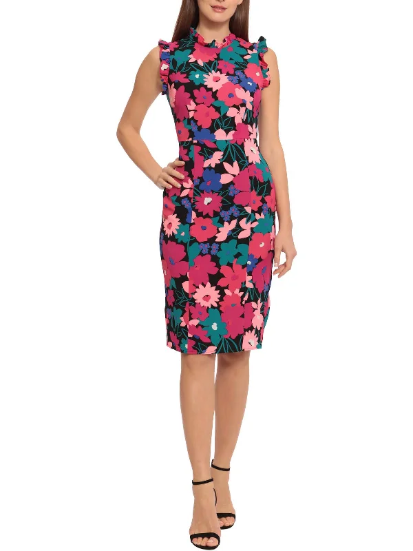 ladies-floral-dress-seafoam-sunflower-Womens Floral Ruffled Sheath Dress