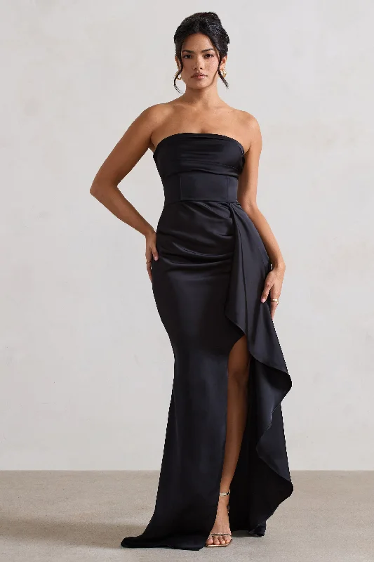 ladies-maxi-dress-blush-breeze-Ace | Black Satin Bandeau Split Maxi Dress With Ruffle Drape