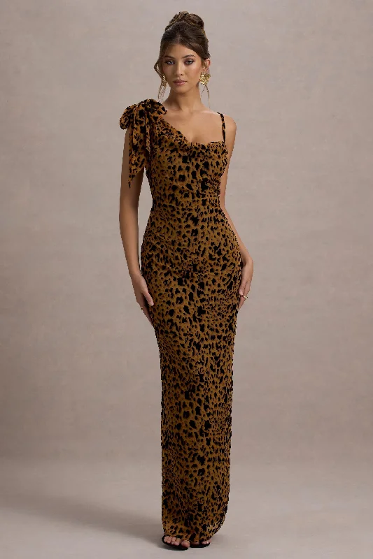 ladies-maxi-dress-travel-trend-Yasmin | Leopard Print Velvet Strappy Maxi Dress With Bow