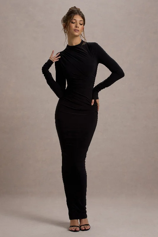 ladies-maxi-dress-handmade-harmony-Hespera | Black High-Neck Long-Sleeve Gathered Maxi Dress