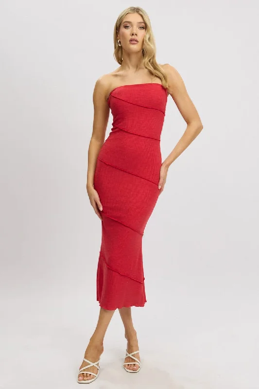 ladies-bodycon-dress-tiered-tight-Red Bodycon Dress Midi Strapless