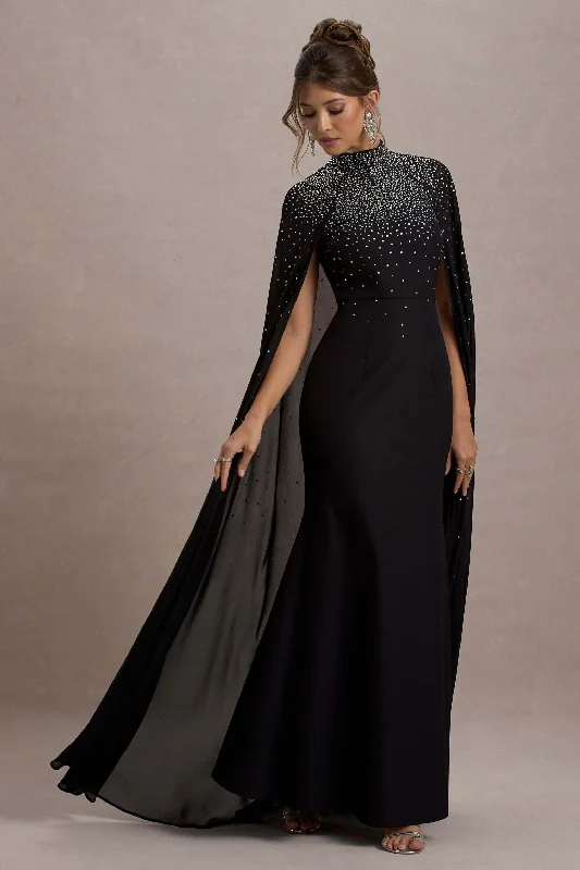 ladies-maxi-dress-holiday-hue-The Shallows | Black Embellished High-Neck Maxi Dress With Chiffon Cape