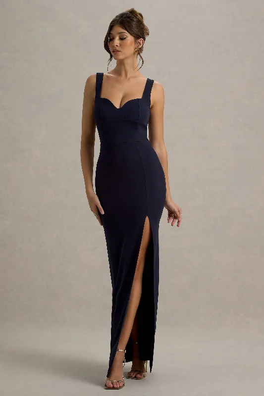 ladies-maxi-dress-subtle-sweep-Ashburn | Navy Strappy Sweetheart Split Maxi Dress