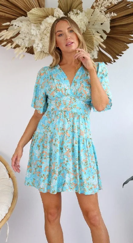 ladies-floral-dress-versatile-vine-Salty Bright S0588-139 Aqua Floral Rayon Dress