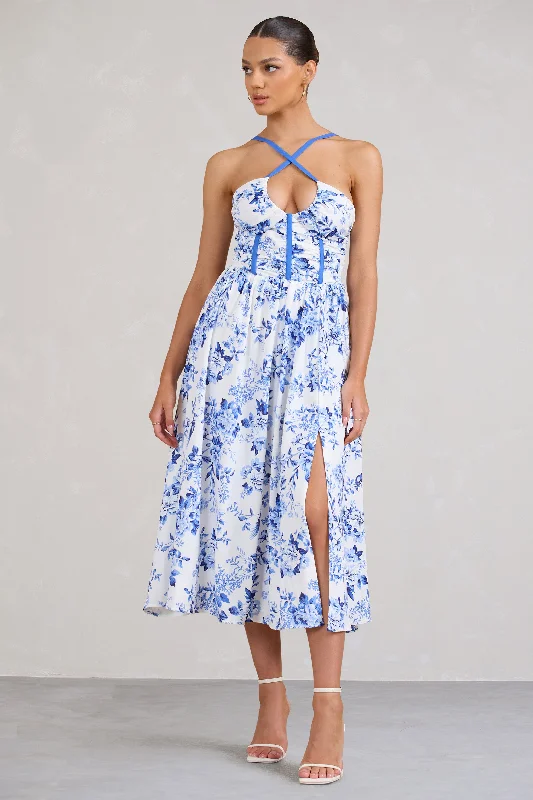 ladies-midi-dress-youthful-yield-Lady Loren | Blue Floral Ruched Cross-Strap Split Midi Dress