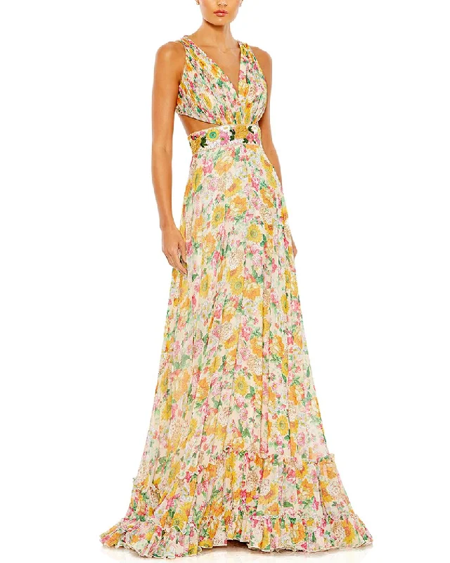 ladies-floral-dress-olive-orchid-Mac Duggal Floral Print Cut Out Lace Up Tiered Gown