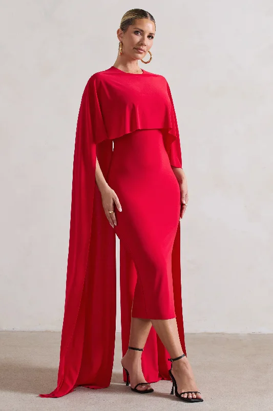 ladies-midi-dress-sky-sweep-Camellia | Red Midi Dress With High-Low Cape