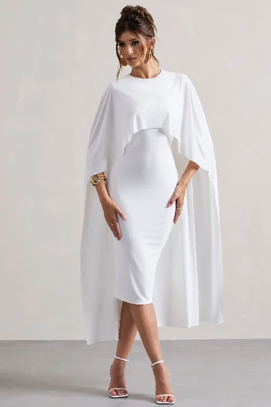 ladies-midi-dress-autumn-aura-Vana | White Draped Midi Dress With Cape Sleeves