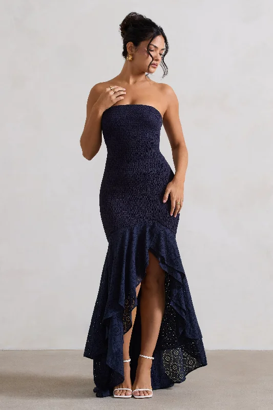 ladies-maxi-dress-retro-reverie-Solange | Navy Broderie Bandeau High-Low Maxi Dress