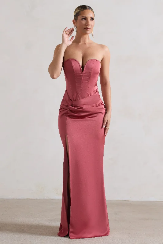 ladies-maxi-dress-polka-prance-Ardelle | Rose Pink Satin Corseted Wrap Maxi Dress