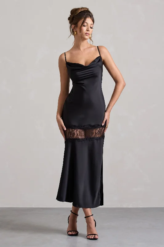 ladies-maxi-dress-v-neck-vogue-Matera | Black Satin Cowl-Neck Lace Trim Maxi Dress