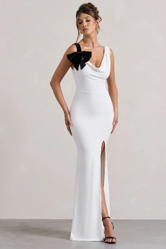 ladies-maxi-dress-backless-bliss-A Catch | White Cowl-Neck Split Maxi Dress With Bow