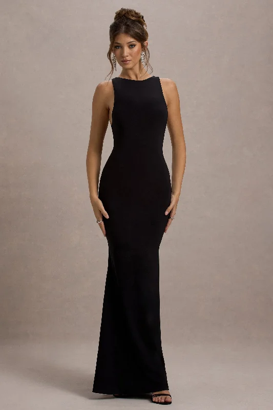 ladies-maxi-dress-umber-undertone-Odelle | Black Boat-Neck Racer-Back Maxi Dress