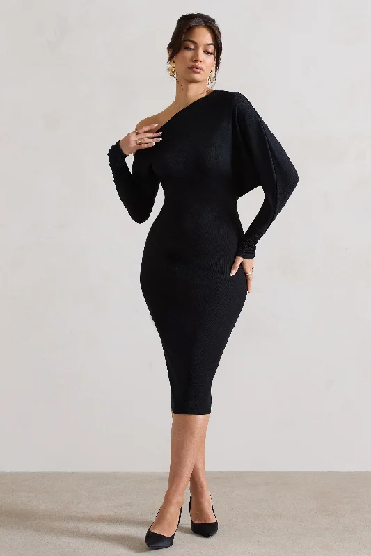 ladies-midi-dress-cerulean-charm-Thora | Black Rib Knit One-Shoulder Midi Dress