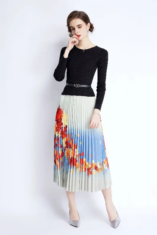 ladies-maxi-dress-sapphire-sweep-Multicolor Cocktail A-line Crewneck Long Sleeve Maxi Pleated Dress