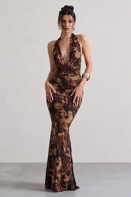 ladies-maxi-dress-pleated-poetry-Milani | Animal Print Backless Cowl Neck Fishtail Maxi Dress