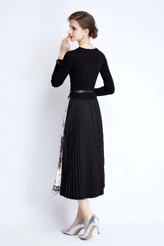 ladies-maxi-dress-glam-gleam-Black & White Cocktail A-line Crewneck Long Sleeve Maxi Pleated Dress