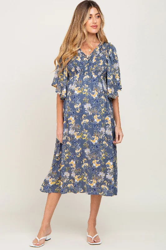 ladies-midi-dress-day-to-dusk-Blue Floral Smocked Flowy Half Sleeve Maternity Midi Dress