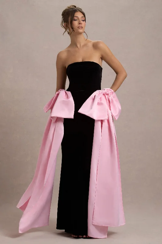 ladies-maxi-dress-beaded-beauty-Attention | Black Strapless Maxi Dress With Pink Satin Bows