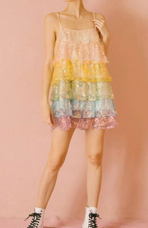 Women's mini dress lush flair -Mini Trapeze Swing Dress in Rainbow And Sequin