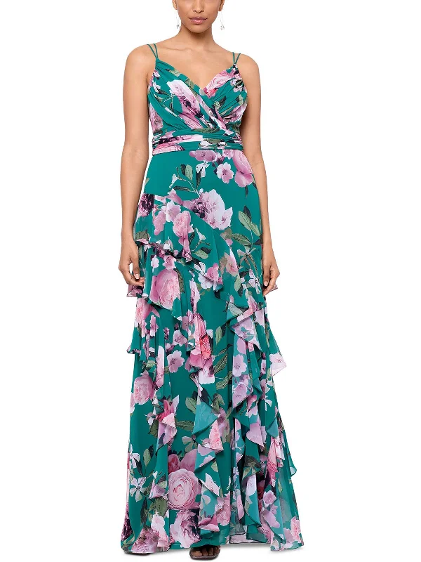 ladies-floral-dress-80s-iris-Womens Floral Tiered Evening Dress