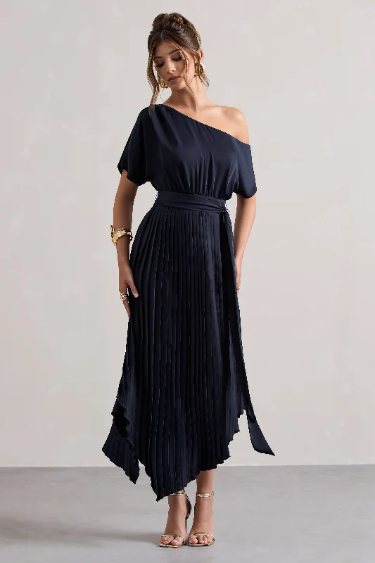 ladies-maxi-dress-keyhole-kiss-India | Navy Satin Asymmetric Plisse Maxi Dress