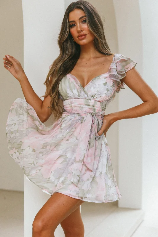 ladies-floral-dress-petite-poppy-Lola Ruffle Shoulder Ruched Dress Watercolor Floral Pink Multi