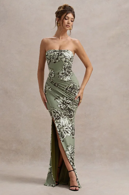 ladies-maxi-dress-handmade-harmony-Buena | Olive Floral Print Strapless Gathered Maxi Dress With Split