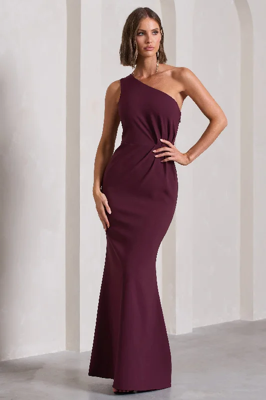 ladies-maxi-dress-beige-bliss-Michelle | Burgundy One-Shoulder Gathered Maxi Dress