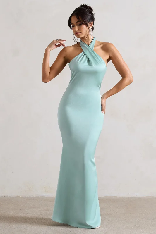 ladies-maxi-dress-forest-finesse-Unbeatable | Mint Green Satin Cross Over Halter-Neck Maxi Dress