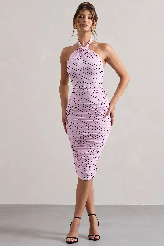 ladies-midi-dress-long-sleeve-luxe-Serendipity | Pink Polka Dot Halter Neck Ruched Midi Dress