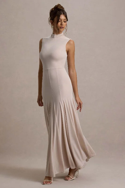 ladies-maxi-dress-umber-undertone-Ulani | Champagne High-Neck Maxi Dress With Open Back