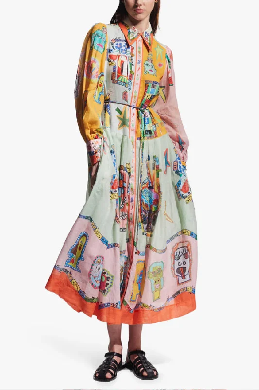 Women's shirt dress thread pop -Set for Vacay Unique Print Colorblock Balloon Sleeve Belt Shirt Maxi Dress