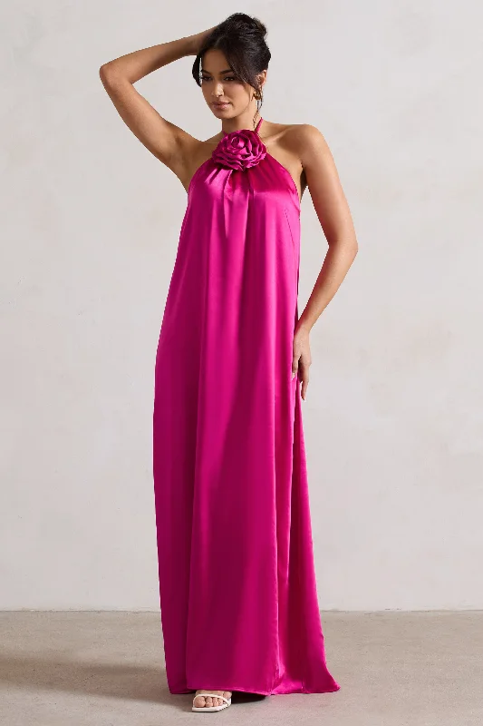 ladies-maxi-dress-crochet-cool-Everleigh | Dark Pink Satin Relaxed Fit Maxi Column Dress With Corsage