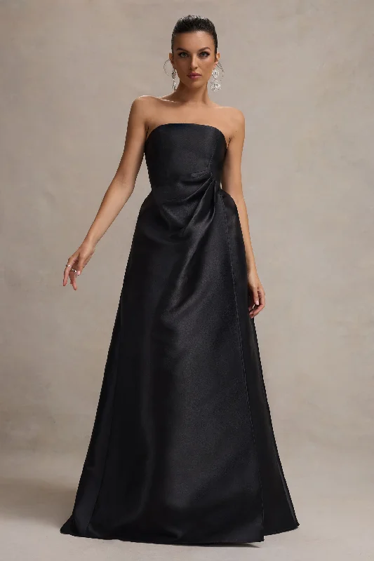 ladies-maxi-dress-backless-bliss-Universe | Black Bandeau Puff-Skirt Split Maxi Dress