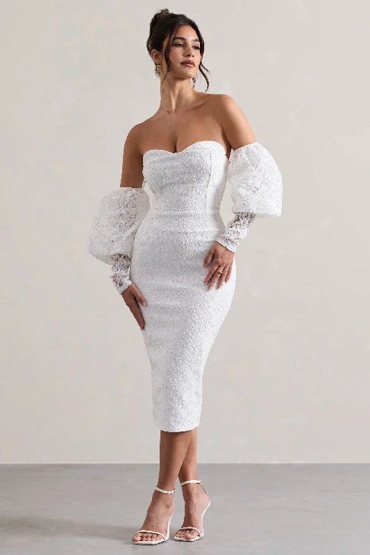 ladies-midi-dress-ruffle-ripple-Mary | White Lace Bardot Puff-Sleeve Midi Dress