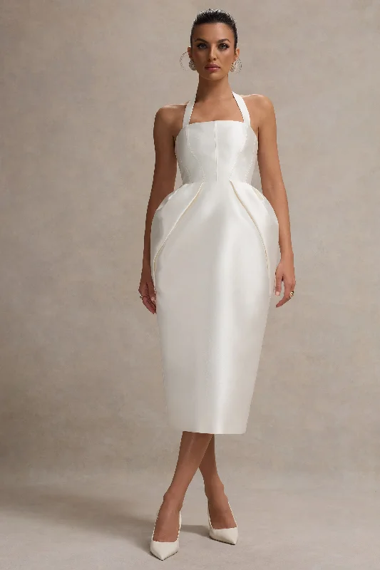 ladies-midi-dress-subtle-sweep-Cosetta | White Halter-Neck Midi Dress With Tulip Skirt