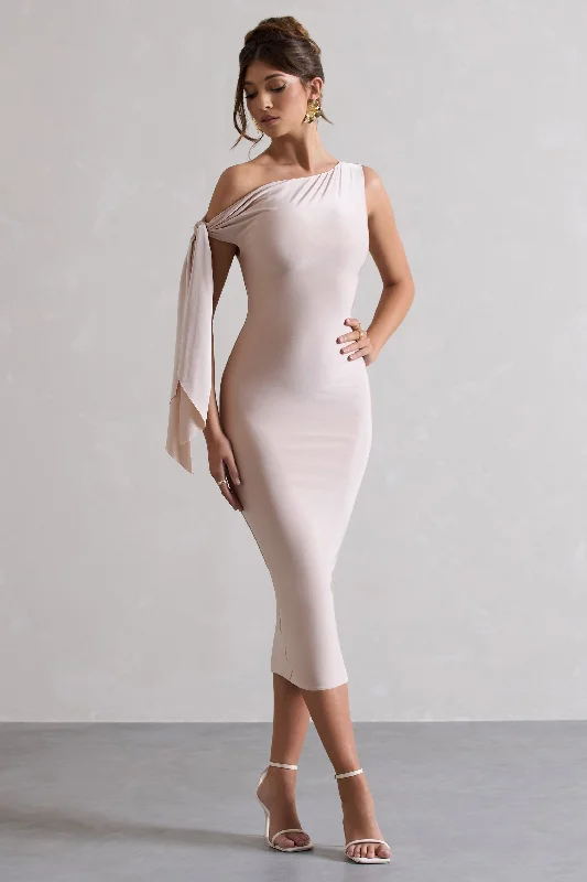 ladies-midi-dress-bold-bloom-Adapt | Champagne Asymmetric Midi Dress With Tie Sleeve