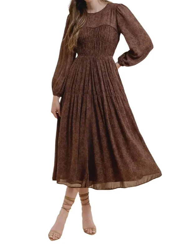 ladies-floral-dress-subtle-stem-Floral Sweetheart Shirred Dress In Brown Multi