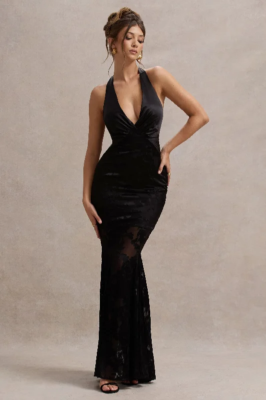 ladies-maxi-dress-ash-allure-Sunset Tales | Black Satin Devore Plunge-Neck Maxi Dress