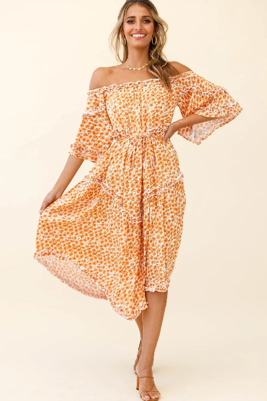 ladies-floral-dress-smocked-sprig-Renoir Off-Shoulder Frill Trim Dress Floral Print Orange